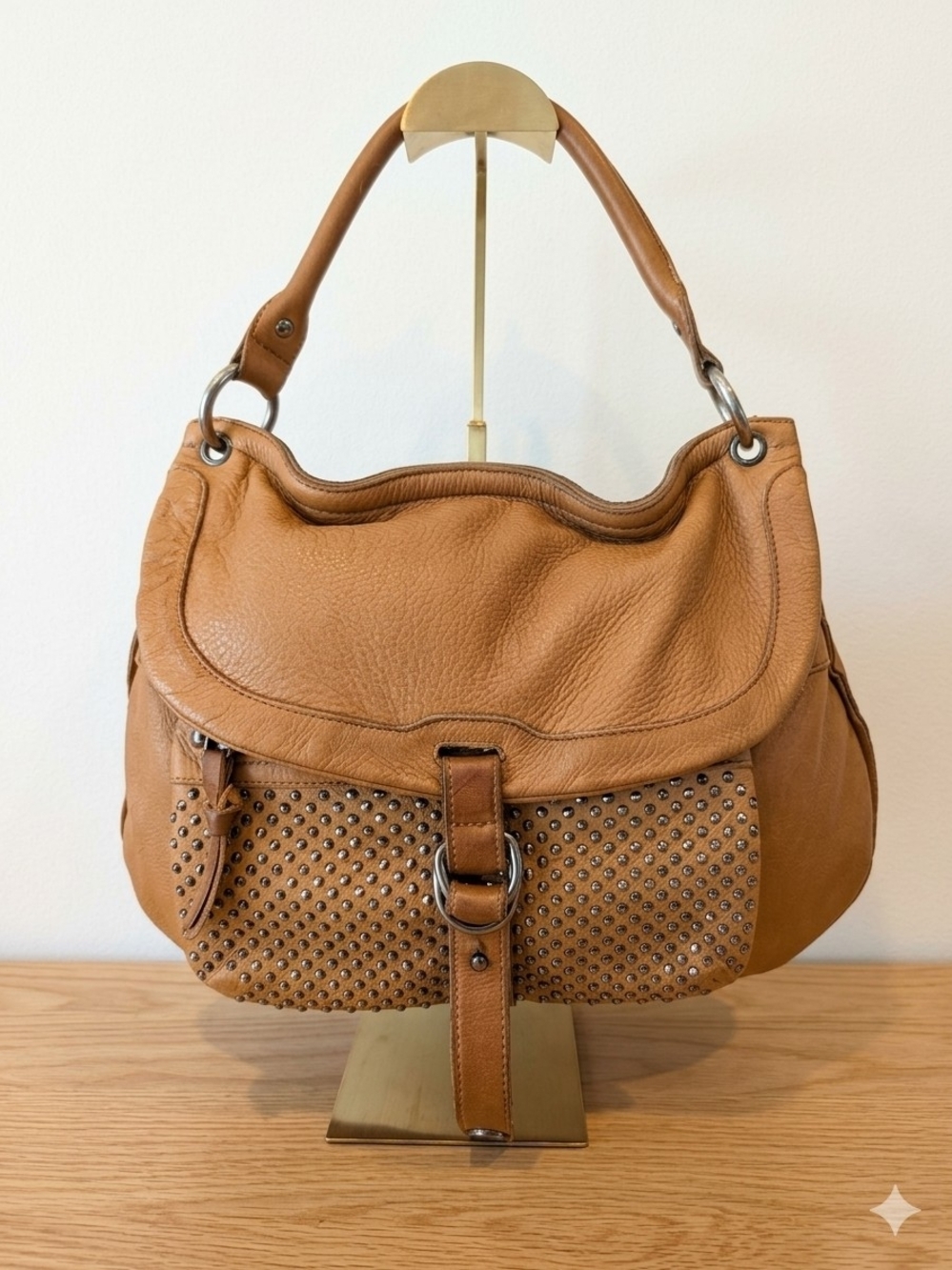 Authentic Revel New York Studded Leather Hobo Shoulder Bag - Tan/Brown
